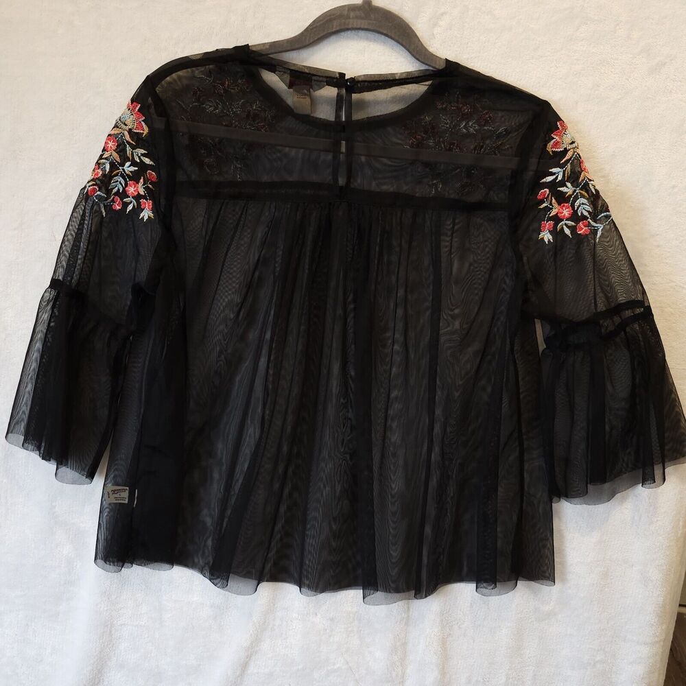 Whimsygoth Fairy Top Blouse Sz L Bell Sleeve Embroidered Floral Flowy Sheer Mesh - Picture 7 of 7